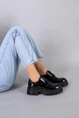 Туфли женские кожа лак черного цвета на шнурках, 35, 23.5