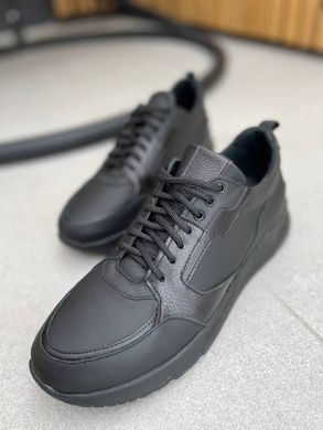 Кросівки чоловічі шкіряні чорні матові на чорній підошві, 45, 30