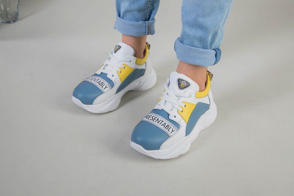 Белые кожаные кроссовки для девочки с голубыми и желтыми вставками, 32, 21