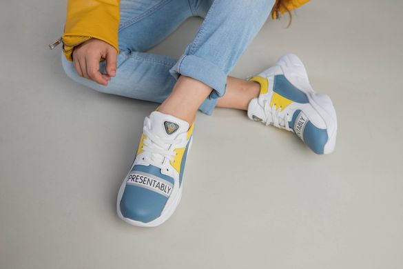 Білі шкіряні кросівки для дівчинки з блакитними та жовтими вставками, 32, 21