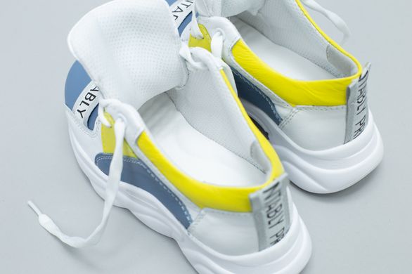 Белые кожаные кроссовки для девочки с голубыми и желтыми вставками, 32, 21