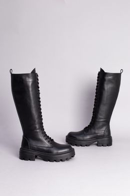 Сапоги женские кожаные черного цвета на шнурках и с замком, 36, 23.5