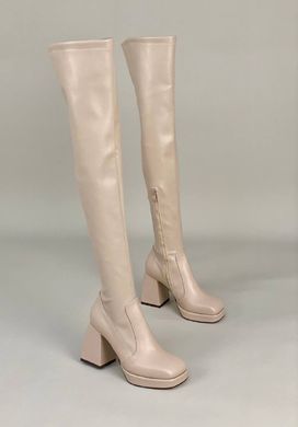 Сапоги-чулки женские кожаные бежевые на каблуке демисезонные, 40, 26