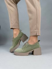 Туфлі жіночі замшеві оливкового кольору на підборах зі шнурівкою, 41, 26.5