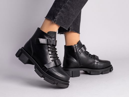 Ботинки женские кожаные черные с ремешками зимние, 32, 21.5