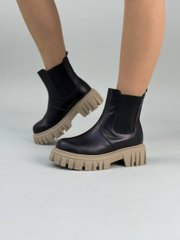 Ботинки женские кожаные черные с резинкой на бежевой подошве зимние, 41, 26.5