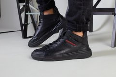 Мужские черные высокие кожаные кроссовки, на шнурках и с резинкой