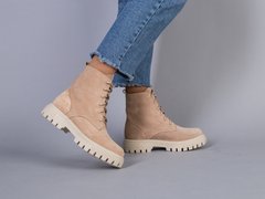Ботинки женские замшевые пудровые на шнурках на цигейке, 40, 26