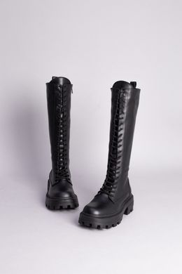Сапоги женские кожаные черного цвета на шнурках и с замком, 39, 25-25.5