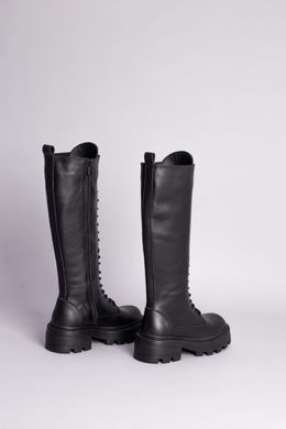 Сапоги женские кожаные черного цвета на шнурках и с замком, 39, 25-25.5