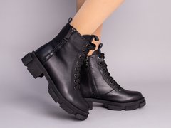Ботинки женские кожаные черные на шнурках и с замком на цигейке, 41, 26.5