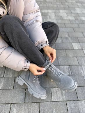 Ботинки женские замшевые серого цвета на шнурках и с замком, зимние, 37, 23.5-24