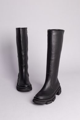 Сапоги женские кожаные черного цвета на низком ходу, 36, 23.5
