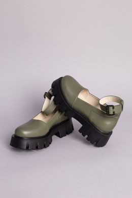 Туфли женские кожаные цвета хаки на массивной подошве, 35, 23.5
