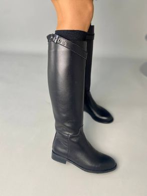 Сапоги женские кожаные черные с ремешком, без каблука, на байке, 35, 23