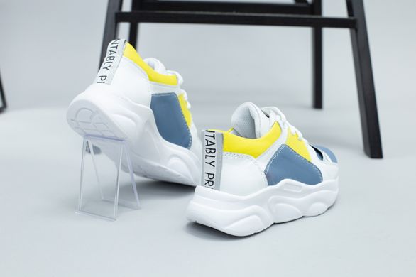 Белые кожаные кроссовки для девочки с голубыми и желтыми вставками, 39, 25