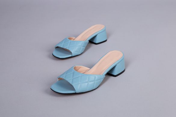 Шлепанцы женские кожаные голубого цвета на каблуке 4 см, 36, 23.5