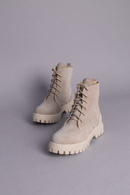 Ботинки женские замшевые бежевые, на шнурках, на цигейке, 38, 24.5-25