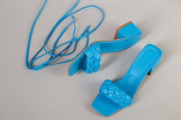 Шлепанцы-босоножки женские кожаные голубого цвета с квадратным каблуком, 35, 23