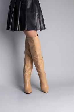 Ботфорты женские кожаные бежевого цвета на каблуке демисезонные, 38, 24.5