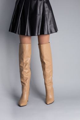 Ботфорты женские кожаные бежевого цвета на каблуке демисезонные, 38, 24.5