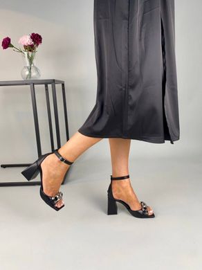 Босоножки женские кожаные черного цвета с цепочкой на каблуке, 36, 23.5