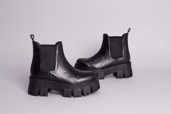Ботинки женские кожаные черные с резинкой на тракторной подошве зимние, 36, 23