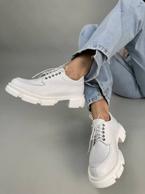 Туфли женские кожаные белые на шнурках без каблука, 36, 23.5