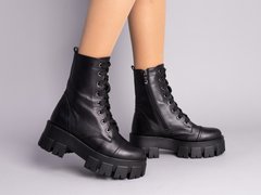 Ботинки женские кожаные черные на шнурках на цигейке, 40, 26