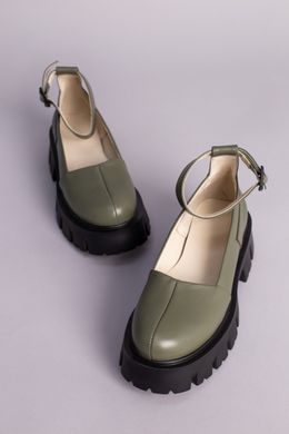Туфли женские кожаные цвета хаки на массивной подошве, 40, 26.5