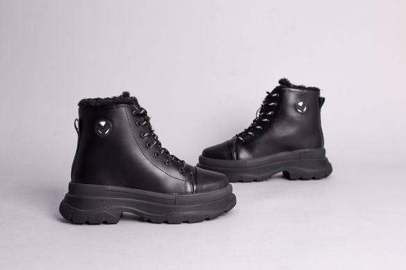 Ботинки женские кожаные черные на черной подошве, зимние, 36, 23.5