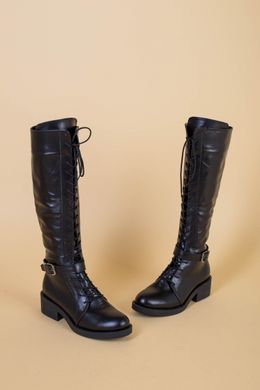 Сапоги женские кожаные черные с замком и шнуровкой демисезонные, 36, 23.5