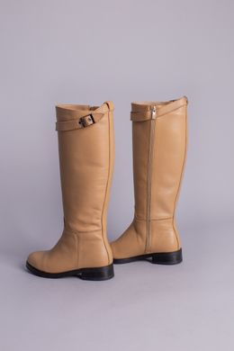 Сапоги женские кожаные песочного цвета с ремешком, без каблука, зимние, 40, 26