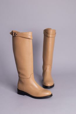 Сапоги женские кожаные песочного цвета с ремешком, без каблука, зимние, 40, 26