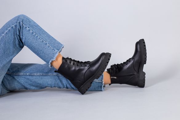 Ботинки женские кожаные черные, на шнурках и с замком, на цигейке, 36, 23.5