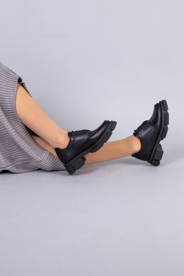 Туфли женские кожаные черные на шнурках без каблука, 36, 23.5