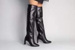 Ботфорты женские кожаные черного цвета на каблуке демисезонные, 37, 24