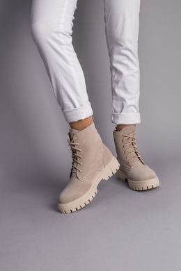 Ботинки женские замшевые бежевые, на шнурках, на байке, 37, 24