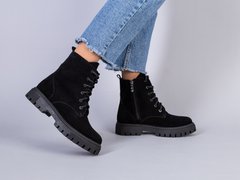 Ботинки женские замшевые черные на шнурках и с замком на цигейке, 38, 24.5-25