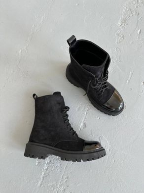 Ботинки женские замшевые черного цвета с лаковым носком зимние, 38, 24.5