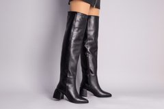 Ботфорты женские кожаные черного цвета с обтянутым каблуком зимние, 41, 26.5
