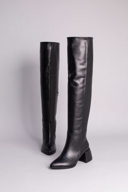 Ботфорты женские кожаные черного цвета с обтянутым каблуком зимние, 41, 26.5