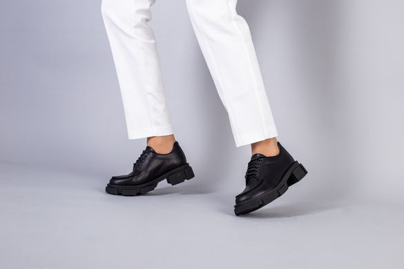Туфли женские кожаные черные на шнурках без каблука, 41, 26.5