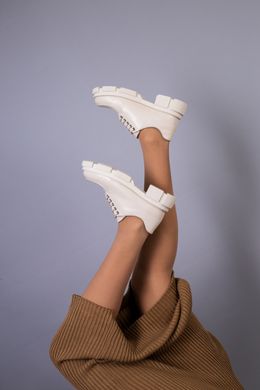 Туфли женские кожаные бежевые на шнурках без каблука, 36, 23.5