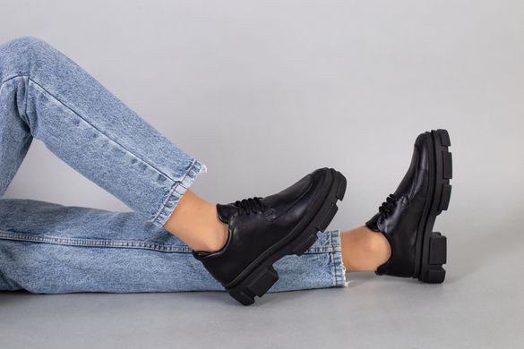 Туфли женские кожаные черного цвета на шнурках, 36, 23.5
