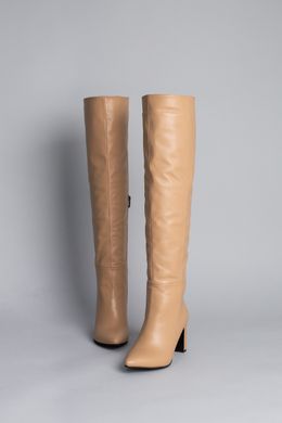 Ботфорты женские кожаные бежевого цвета на каблуке зимние, 39, 25