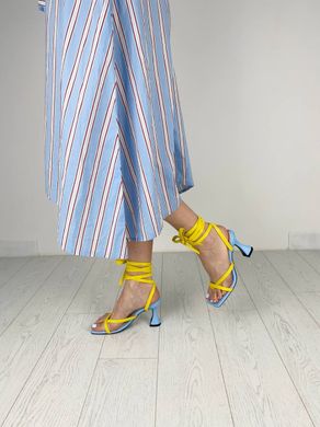 Босоніжки жіночі шкіряні блакитні з жовтими вставками на зав'язках, 40, 26