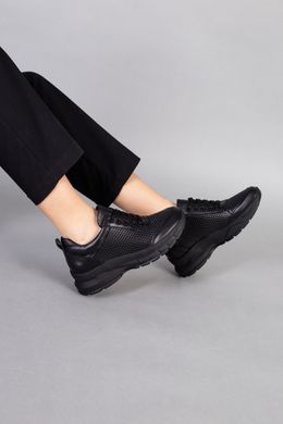 Кросівки жіночі шкіряні чорні з перфорацією на товстій підошві, 36, 23.5