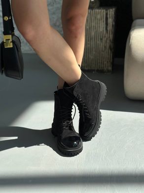 Черевики жіночі замшеві чорного кольору з лаковим носком демісезонні, 36, 23.5