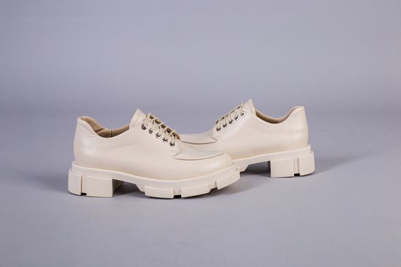 Туфли женские кожаные бежевые на шнурках без каблука, 40, 26-26.5